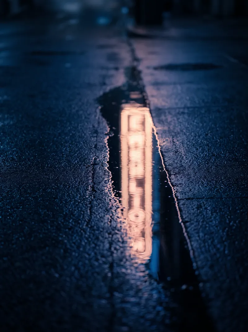 Neon Sign Mirrored in a Narrow Puddle — AI-generated photograph