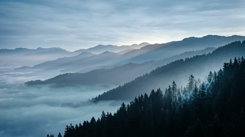 Crepuscular Rays Over Misty Forest Ridges — AI-generated photograph