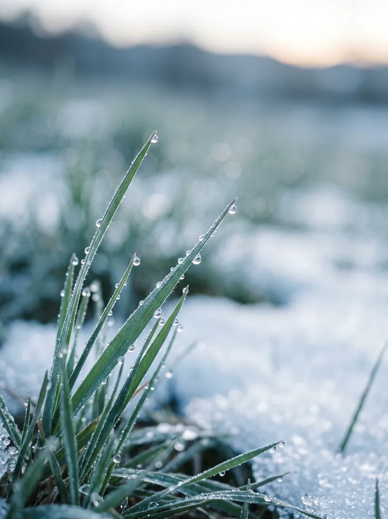 Meltwater Droplets on Green Grass Blades — AI-generated photograph