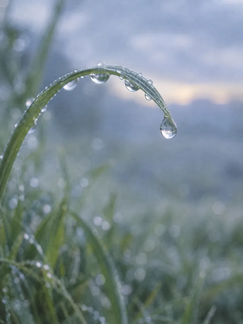 Raindrops Beneath an Arched Grass Blade — AI-generated photograph