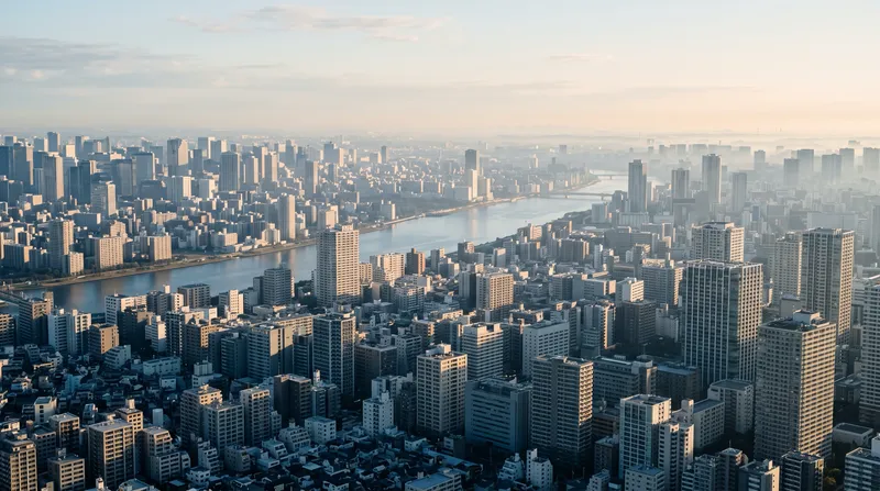 River Winding Through a Hazy Highrise Sea — AI-generated photograph