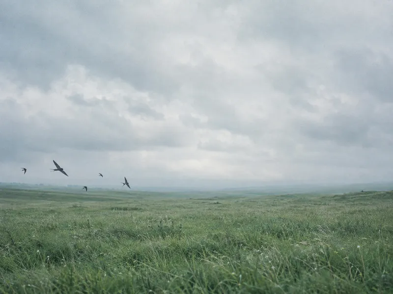 Swallows Flying Left Above a Green Meadow — AI-generated photograph