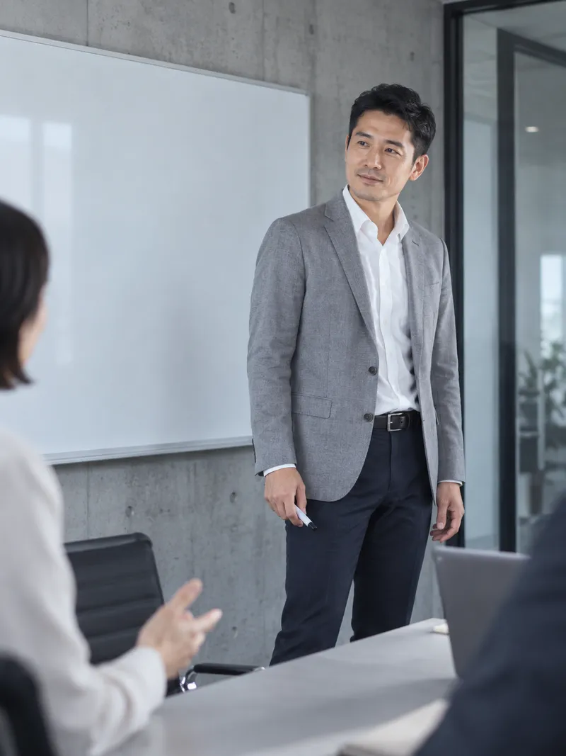 Man Listening Beside a Blank Whiteboard — AI-generated photograph
