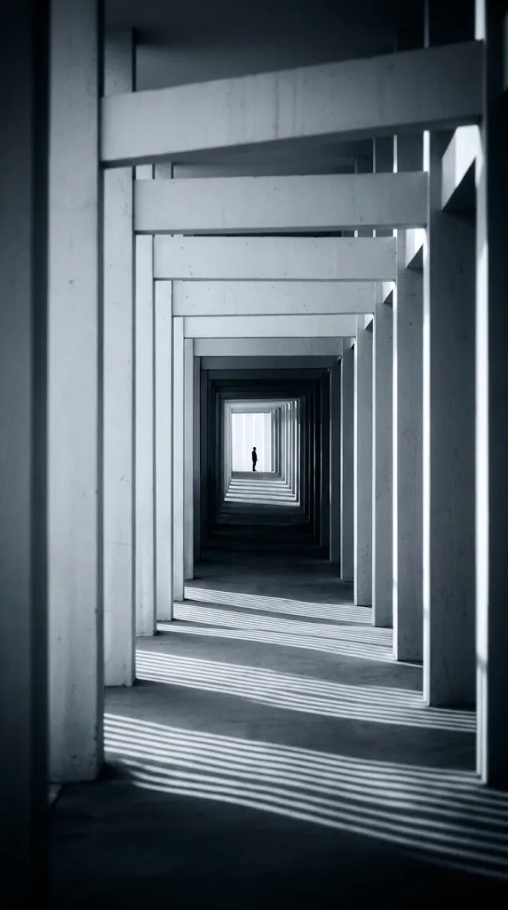 Concrete Colonnade Layers in Selenium Monochrome — AI-generated photograph