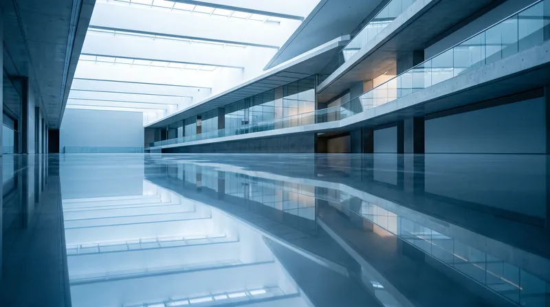 Atrium Balconies Mirrored in a Polished Floor — AI-generated photograph