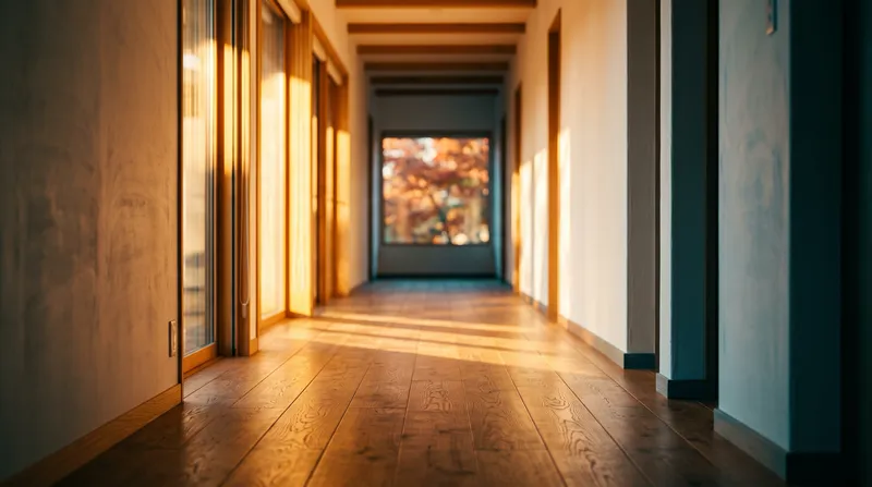 Amber Light Raking a Wooden Corridor — AI-generated photograph