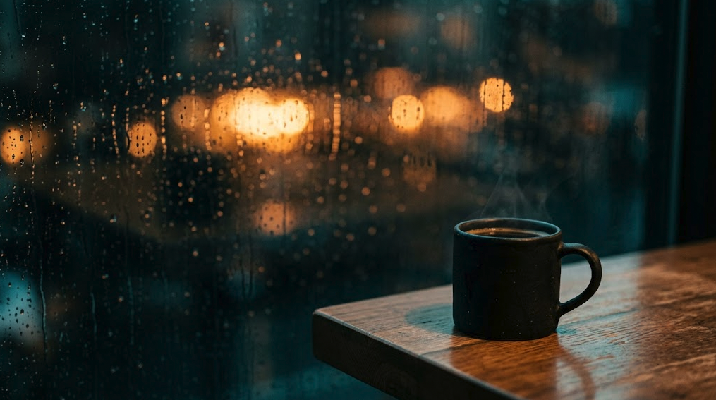 雨の日の夜のカフェ写真